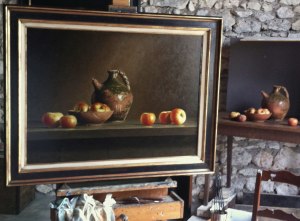 "Apples and walnut oil pitcher", framed 